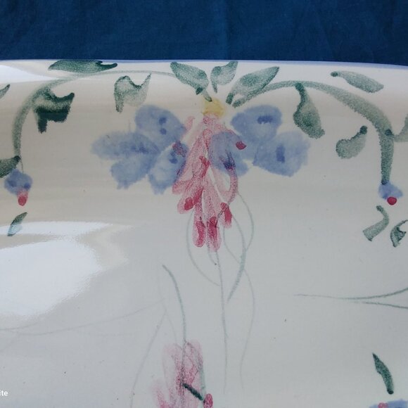 Studio pottery oblong serving dish with handles blue and pink flowers vtg 1993 - Picture 8 of 13